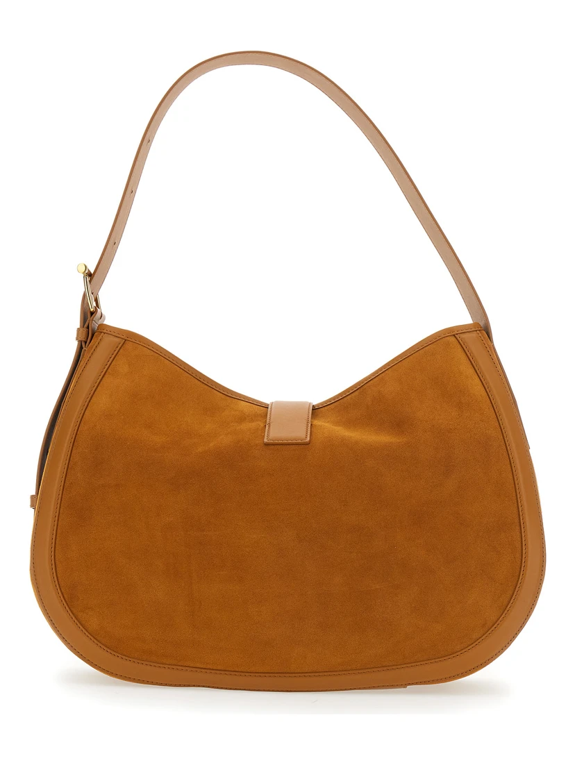 Brown Shoulder Bag with Adjustable Shoulder Strap and T Buckle Closure on the Front in Suede Woman