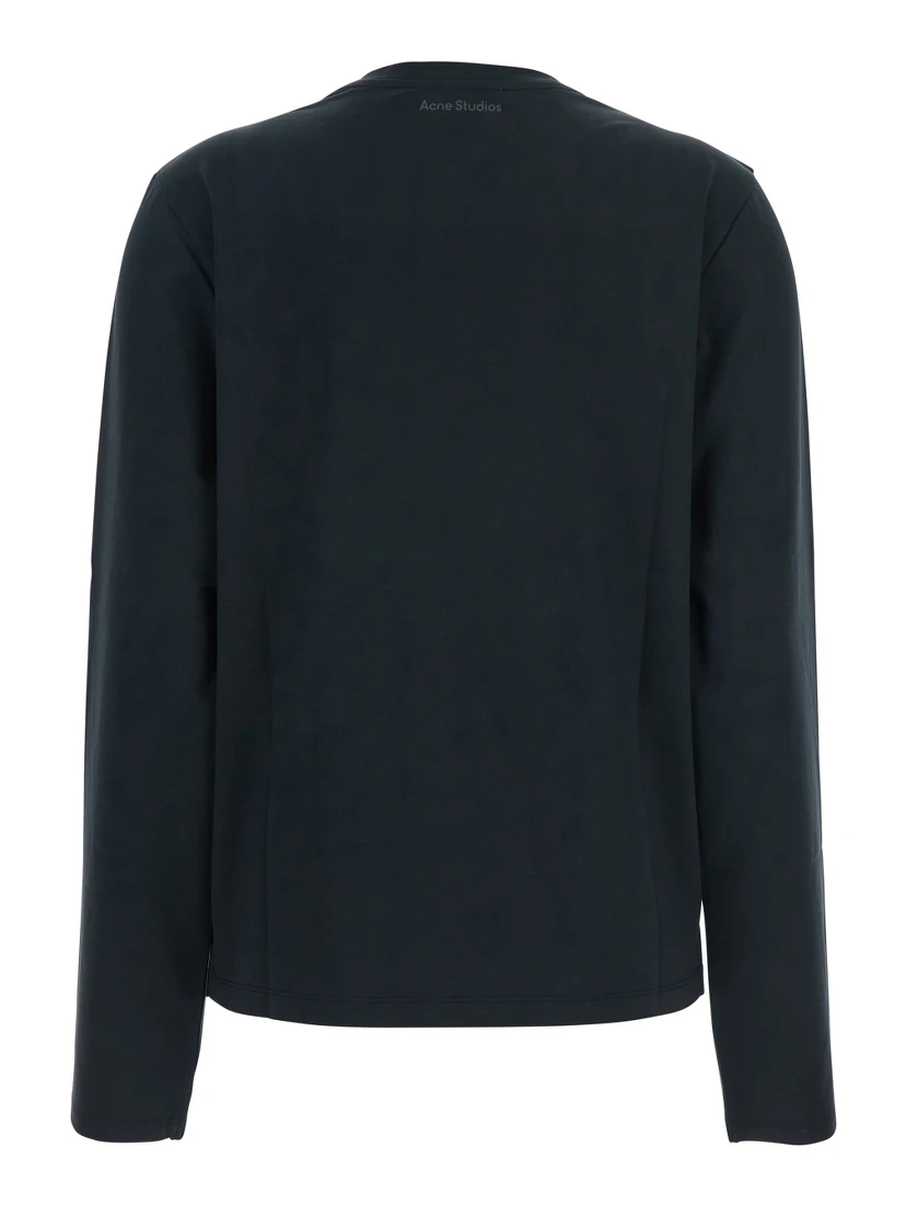 Black Long-Sleeved T-Shirt with Tone-on-Tone Logo on the Front in Cotton Woman