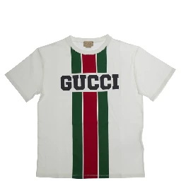 White T-Shirt with Logo Print and Web Detail in Cotton Boy