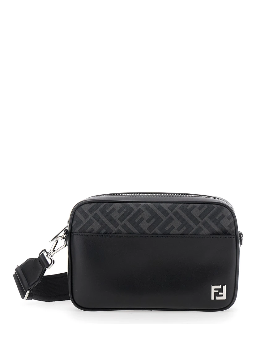 “Camera Case” Black Crossbody Bag with FF Motif in Leather Man