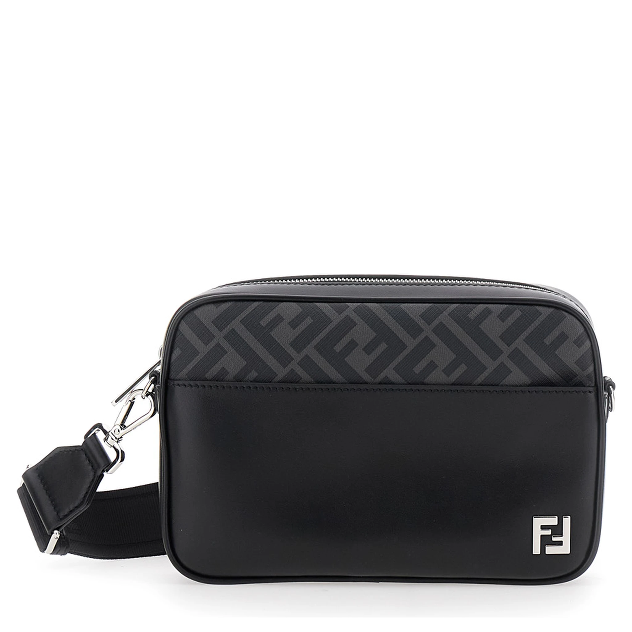 “Camera Case” Black Crossbody Bag with FF Motif in Leather Man