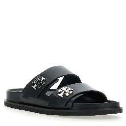 Turnlock Black Sandals with Double Strap and Logo Plaque in Leather Woman