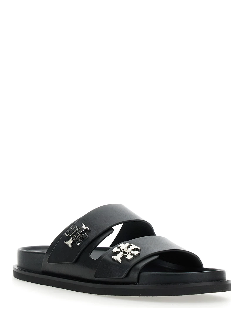 Turnlock Black Sandals with Double Strap and Logo Plaque in Leather Woman
