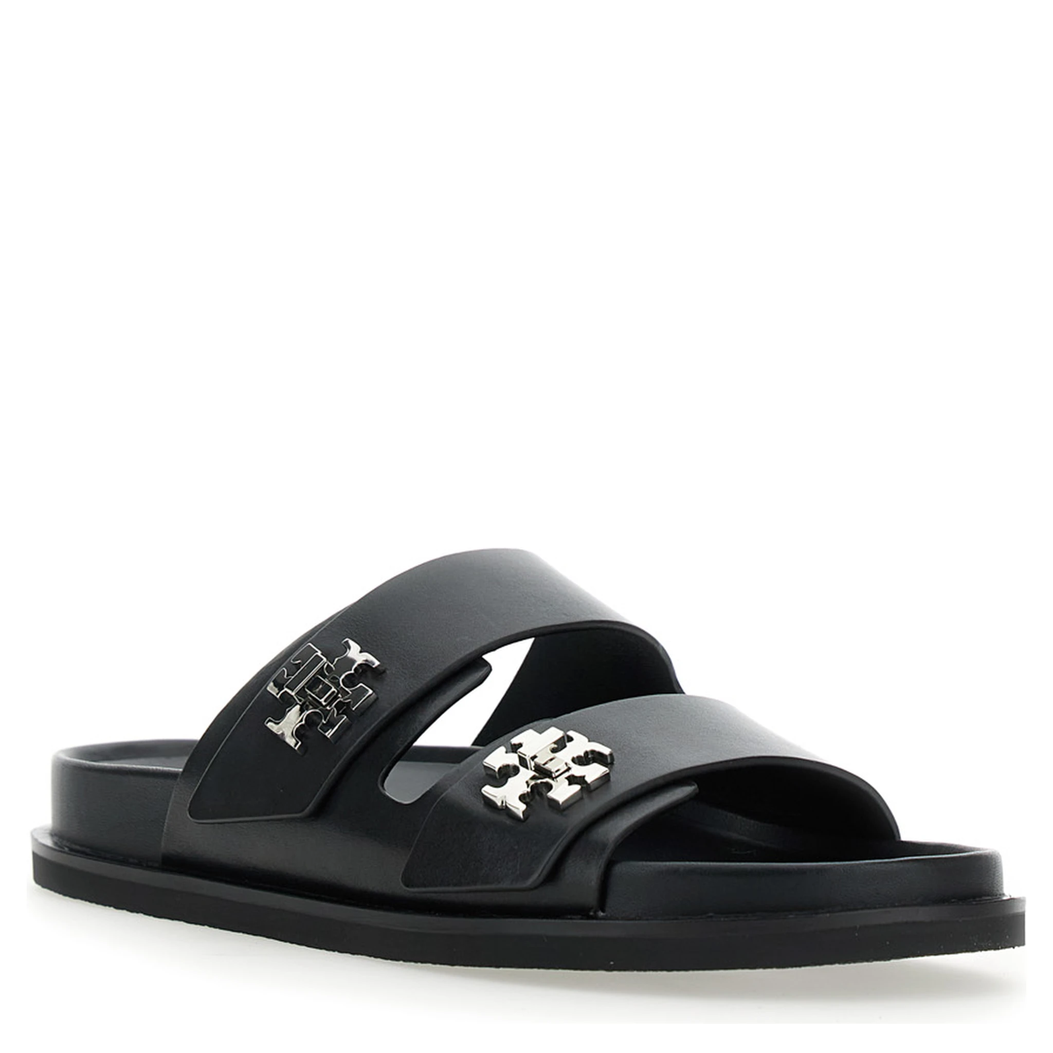 Turnlock Black Sandals with Double Strap and Logo Plaque in Leather Woman