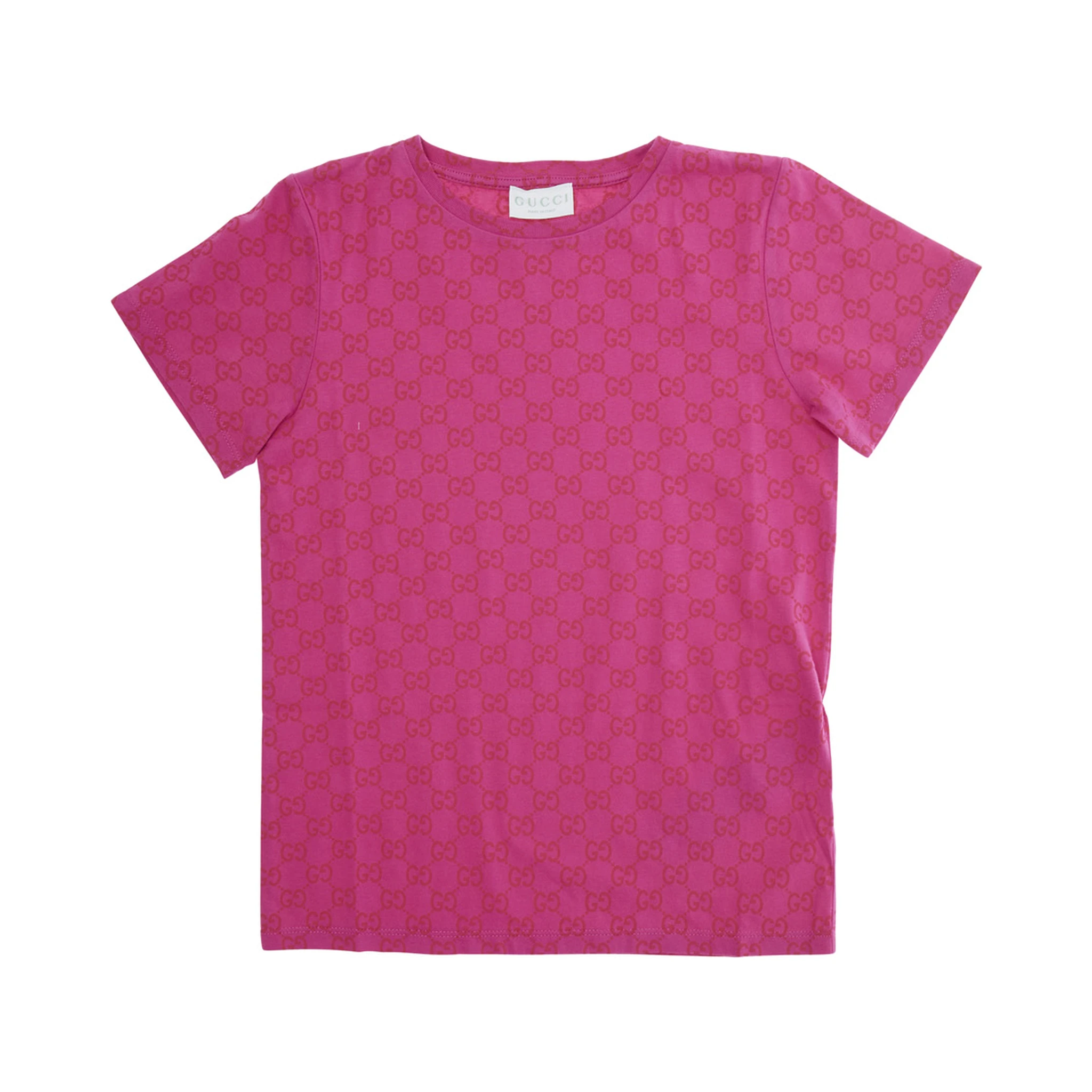 Fuchsia Crewneck T-Shirt with All-Over GG Print in Cotton Jersey Girl