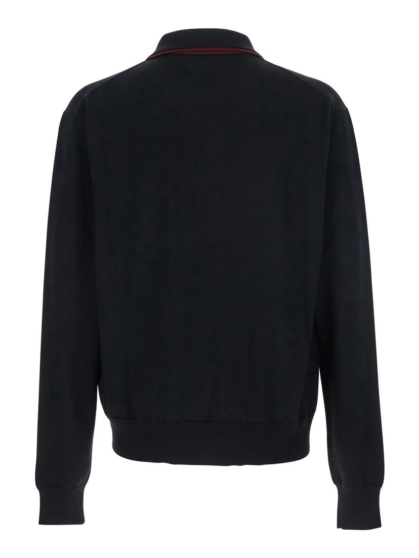 Black Sweater with Classic Collar and Front Zip Pockets in Wool Man