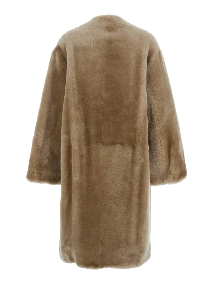 Beige Collarless Shearling Coat in Shearling Woman