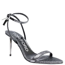 Metallic Sandals with High Stiletto Heel and Padlock Detail on the Ankle in Leather Woman