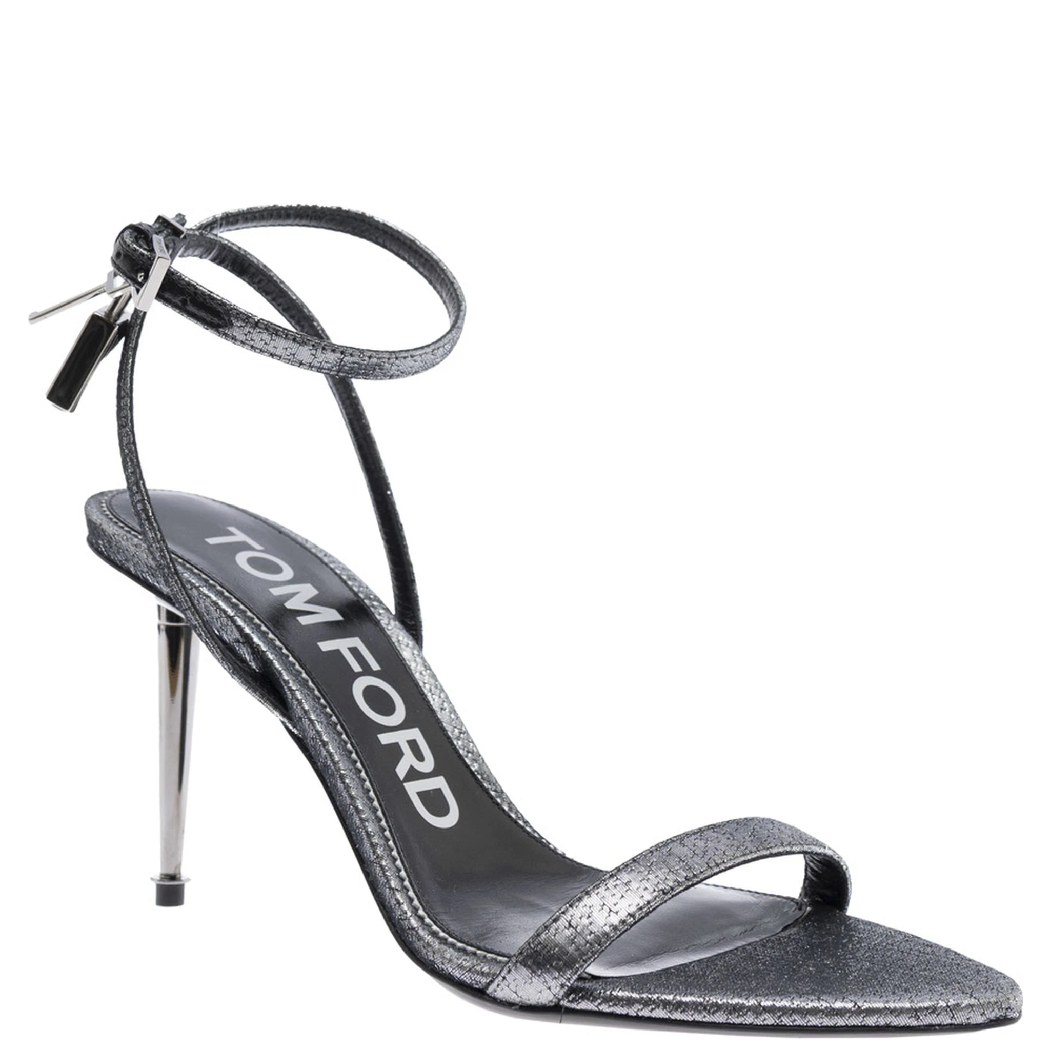 Metallic Sandals with High Stiletto Heel and Padlock Detail on the Ankle in Leather Woman