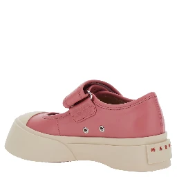 Mary Jane Pink Sandals with Touch-Strap Closure and Logo Patch on the Rear in Leather Woman