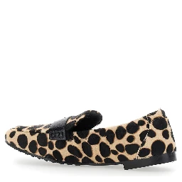 Beige Loafers with Front Logo and Animal Print in Leather Woman