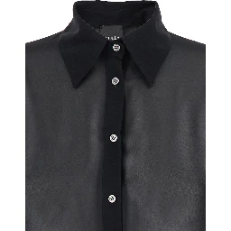 Black Oversize Blouse with Classic Collar and See-Through Design in Fabric Woman