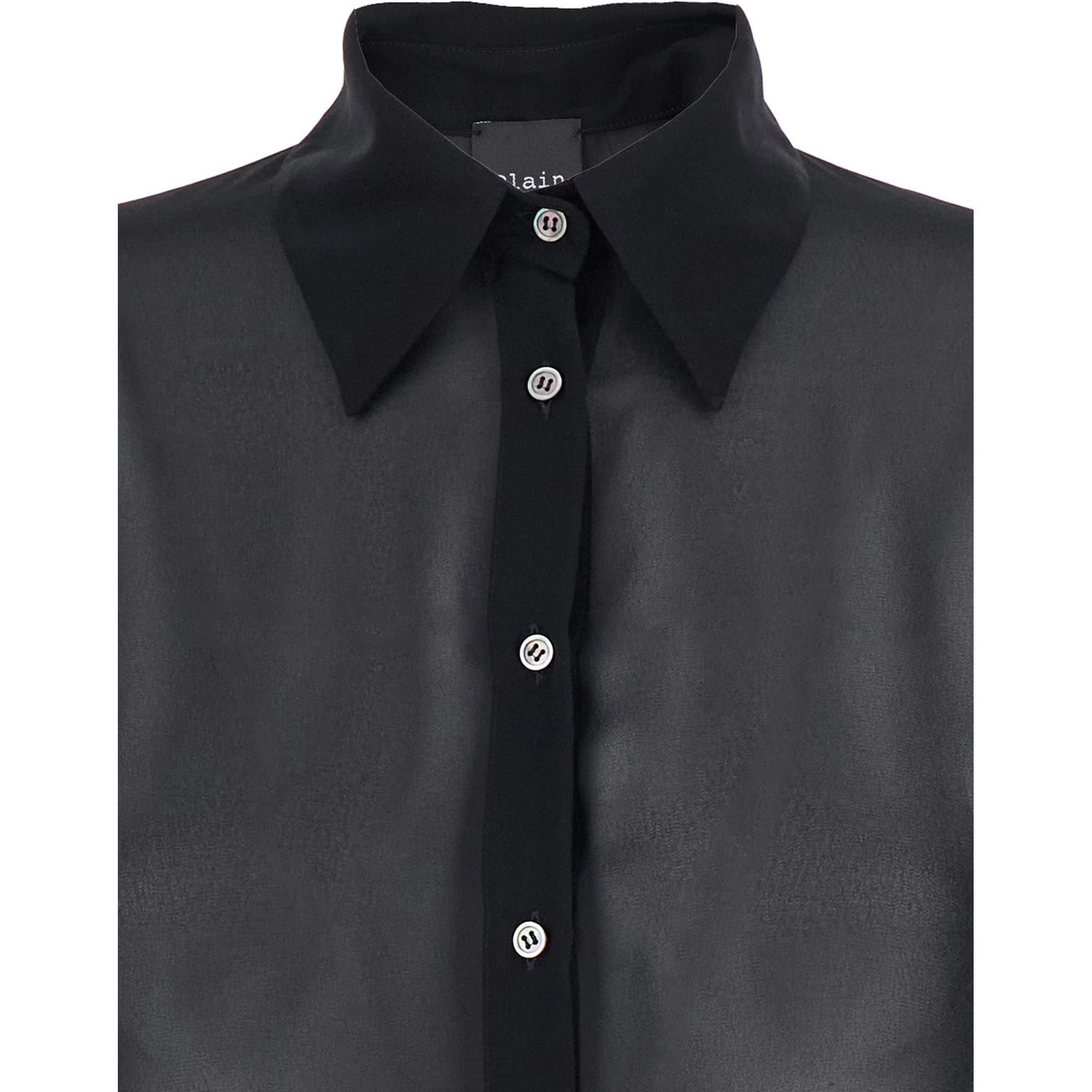 Black Oversize Blouse with Classic Collar and See-Through Design in Fabric Woman
