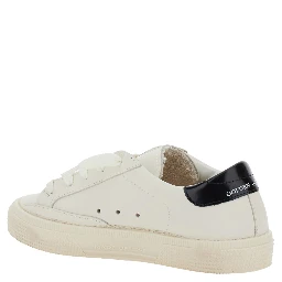 May White Low Top Sneakers with Glittered Star Patch and Contrasting Heel with Logo Lettering in Leather Girl