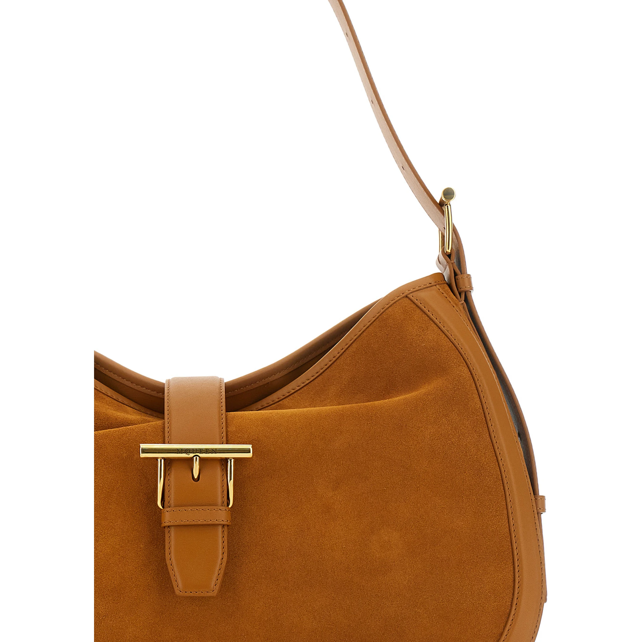 Brown Shoulder Bag with Adjustable Shoulder Strap and T Buckle Closure on the Front in Suede Woman