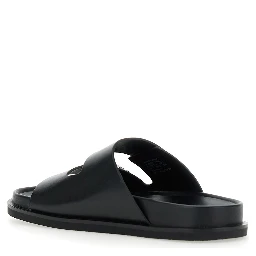 Turnlock Black Sandals with Double Strap and Logo Plaque in Leather Woman
