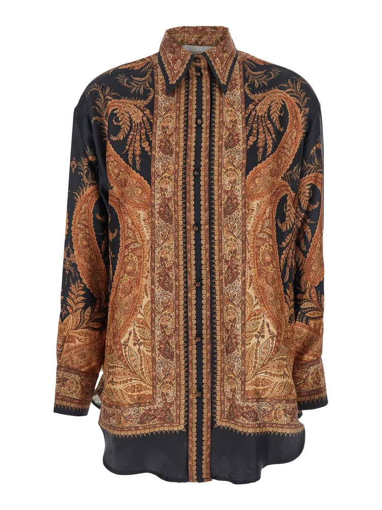 Multicolor Shirt with Pointed Collar and Paisley Motif in Silk Woman