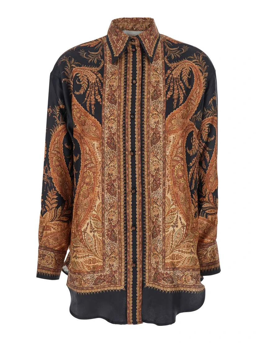 Multicolor Shirt with Pointed Collar and Paisley Motif in Silk Woman
