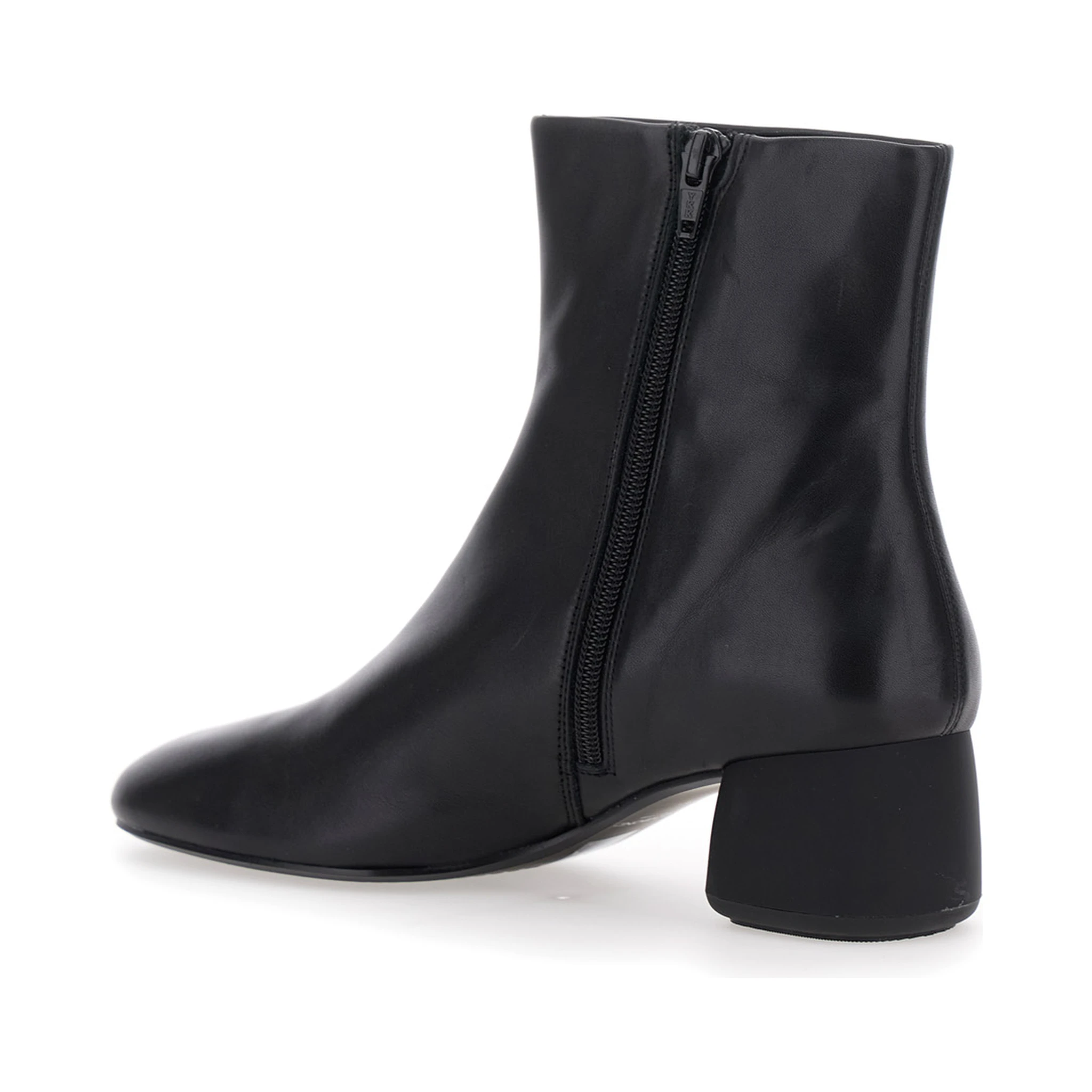 Black Ankle Boots with Low Block Heel and Side Zip Closure in Leather Woman