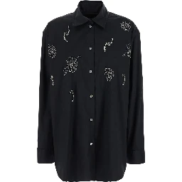 Black Shirt with Classic Collar and Rhinestone Embellishments on the Front in Cotton Woman