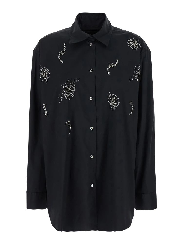 Black Shirt with Classic Collar and Rhinestone Embellishments on the Front in Cotton Woman