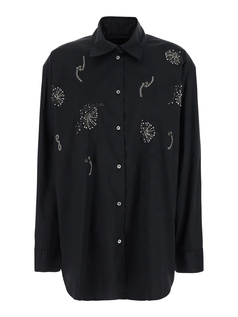 Black Shirt with Classic Collar and Rhinestone Embellishments on the Front in Cotton Woman