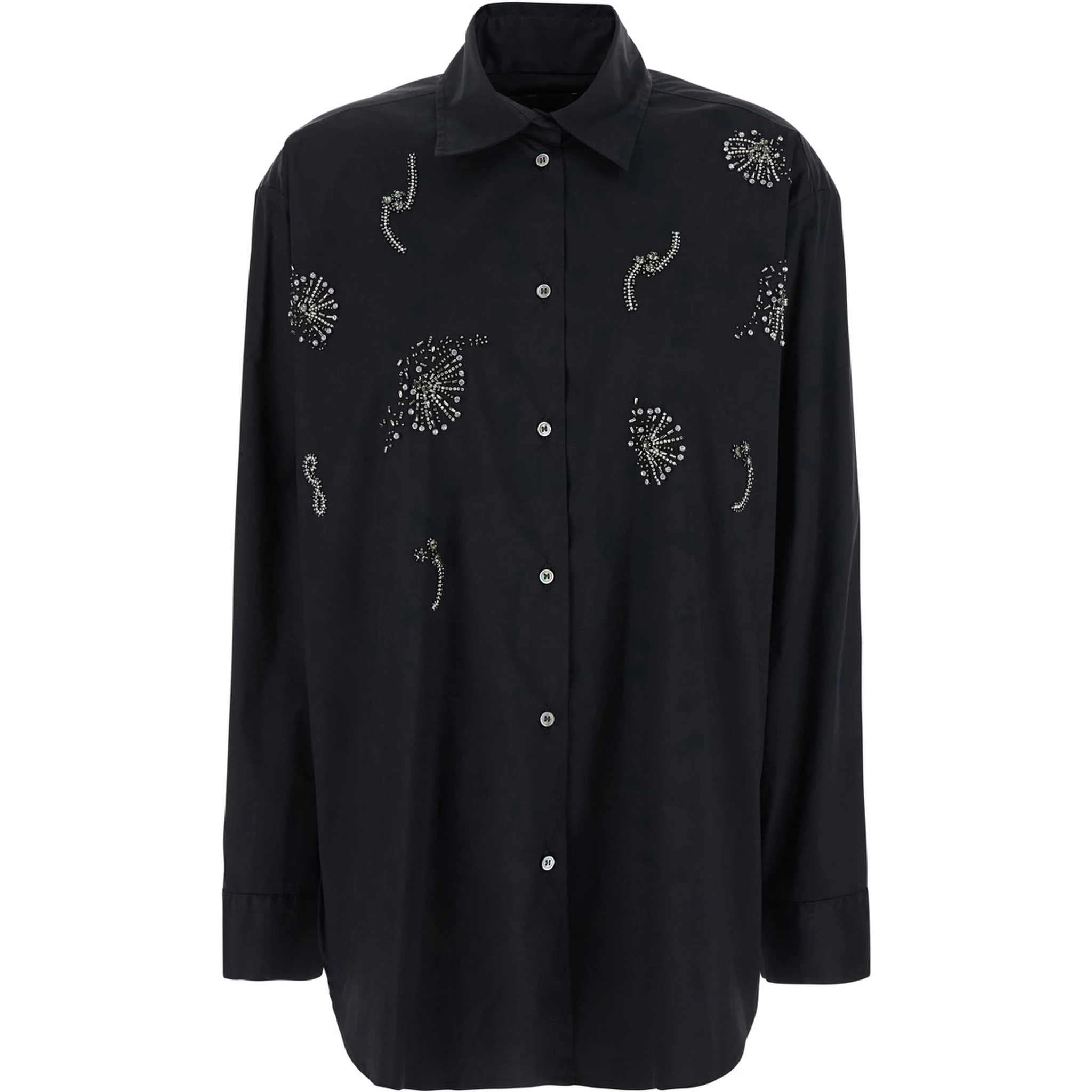 Black Shirt with Classic Collar and Rhinestone Embellishments on the Front in Cotton Woman