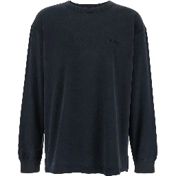 Black Crewneck T-Shirt with Long Sleeves and Tonal Logo Lettering Embroidery on the Front in Cotton Man