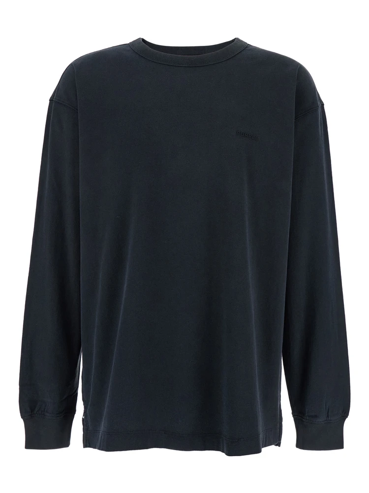 Black Crewneck T-Shirt with Long Sleeves and Tonal Logo Lettering Embroidery on the Front in Cotton Man