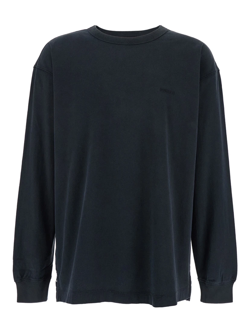 Black Crewneck T-Shirt with Long Sleeves and Tonal Logo Lettering Embroidery on the Front in Cotton Man