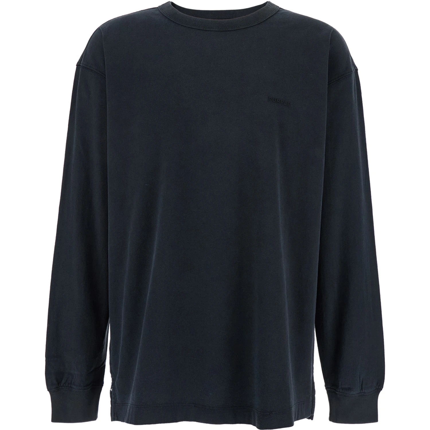 Black Crewneck T-Shirt with Long Sleeves and Tonal Logo Lettering Embroidery on the Front in Cotton Man
