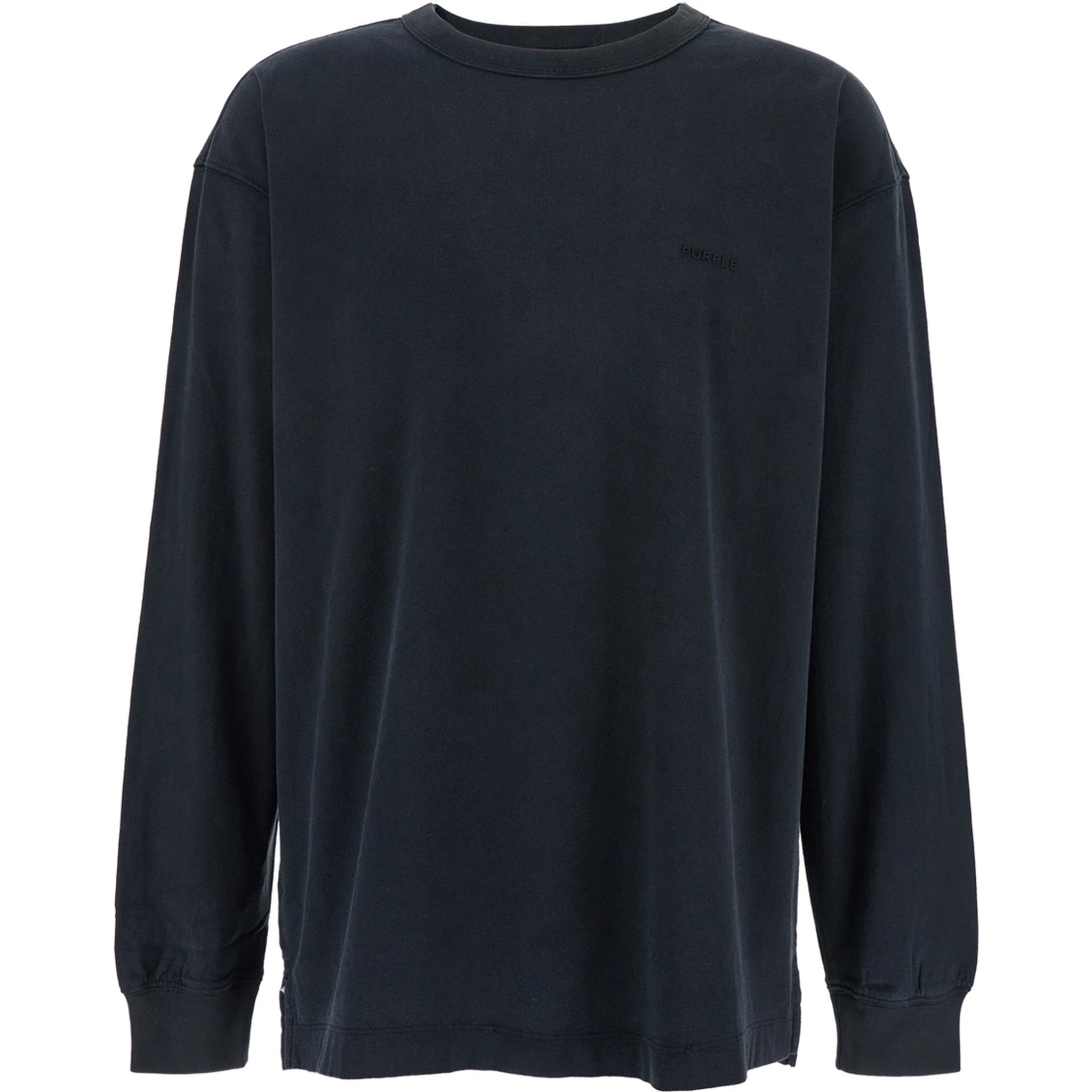 Black Crewneck T-Shirt with Long Sleeves and Tonal Logo Lettering Embroidery on the Front in Cotton Man
