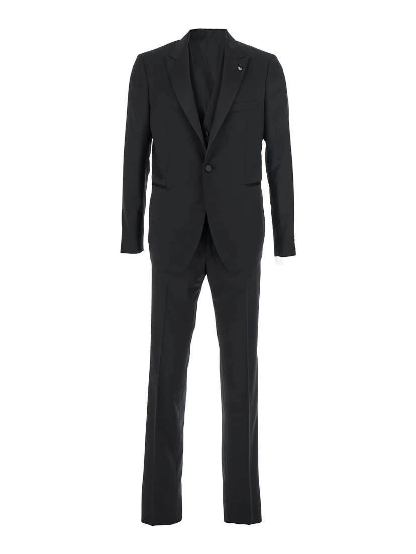 Black Single-Breasted Suit with Jacket and Vest in Wool Man