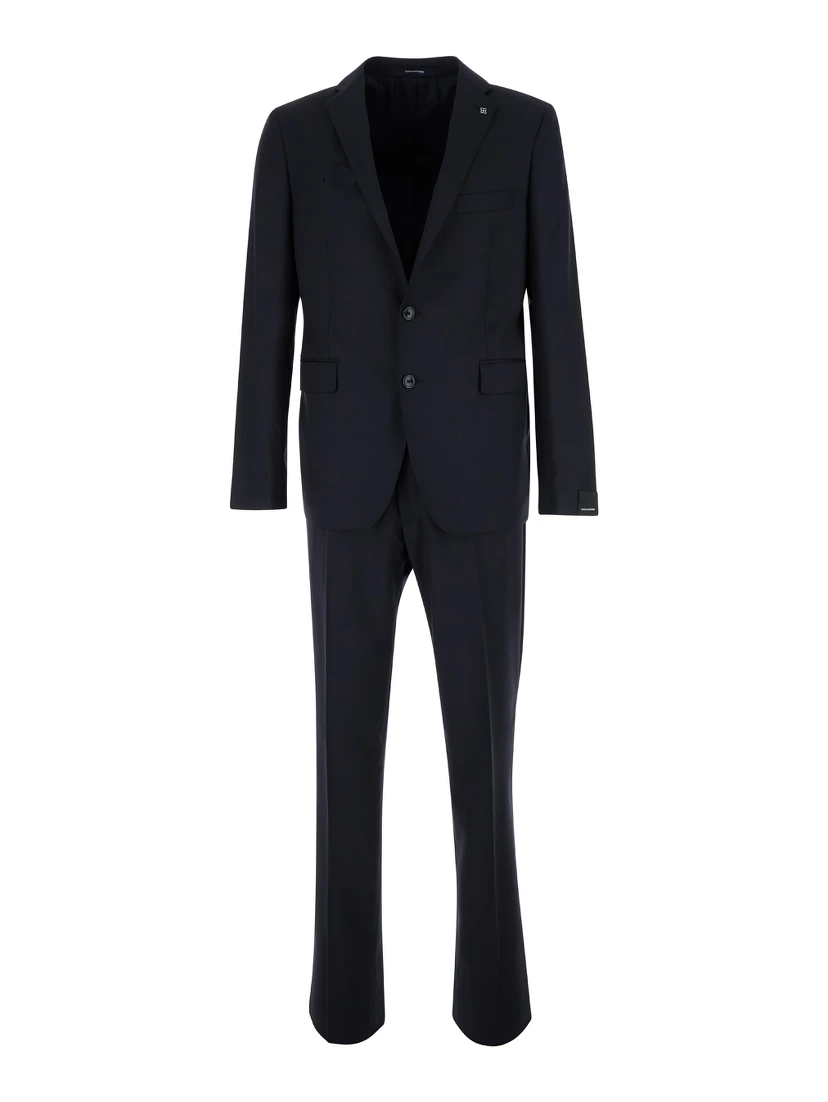 Black Single-Breasted Suit with Logo Pin in Cotton Man