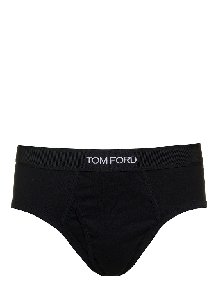 Black Briefs with Logged Waistband in Cotton Stretch Man