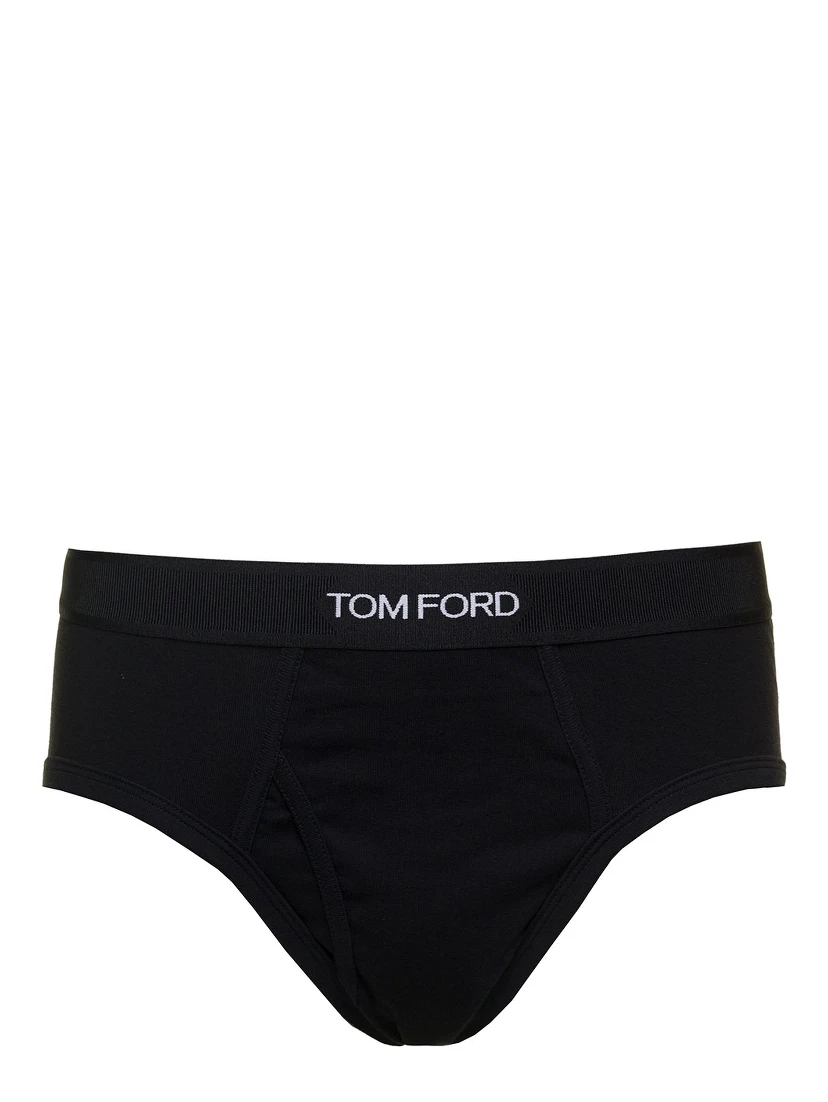 Black Briefs with Logged Waistband in Cotton Stretch Man
