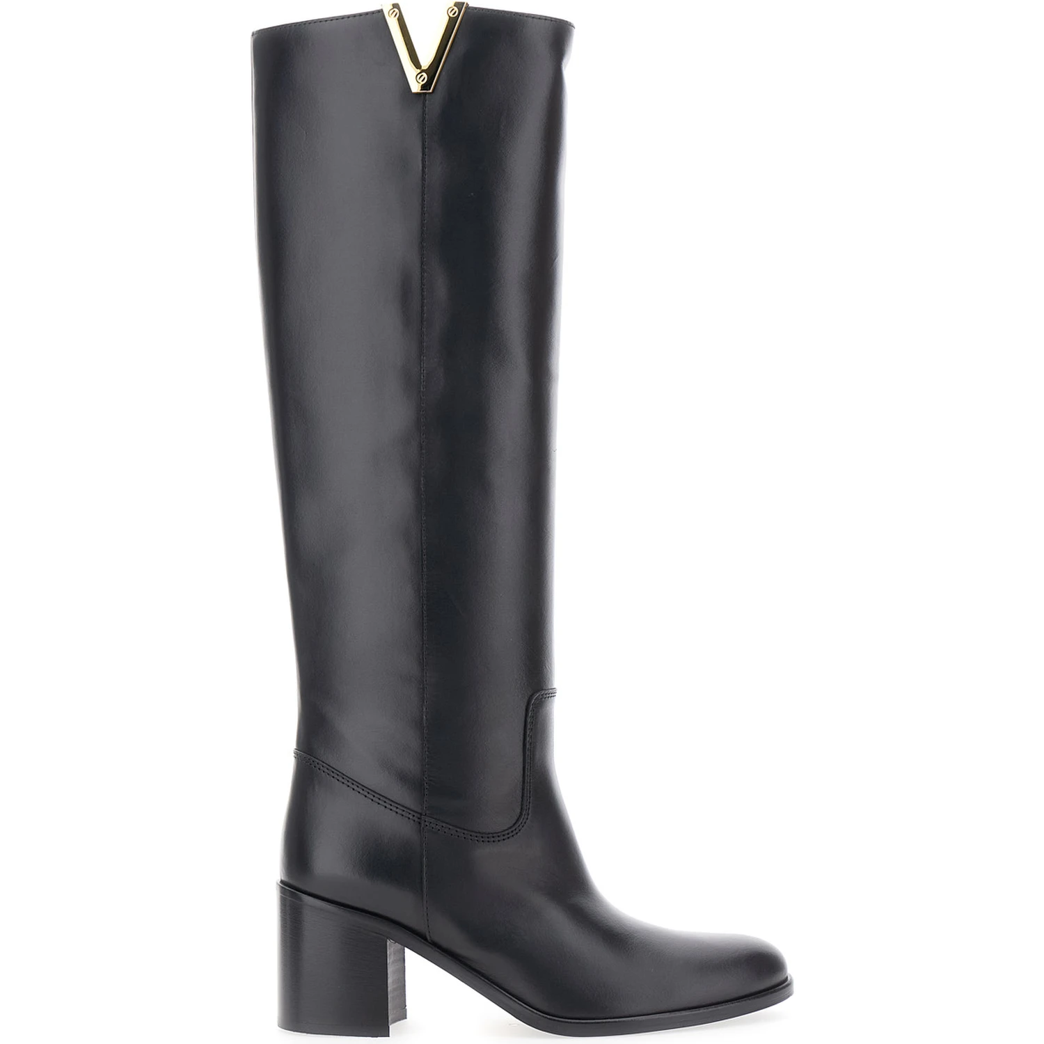 Black Knee-High Boots with Cut-Out on the Side and Logo Plaque in Leather Woman
