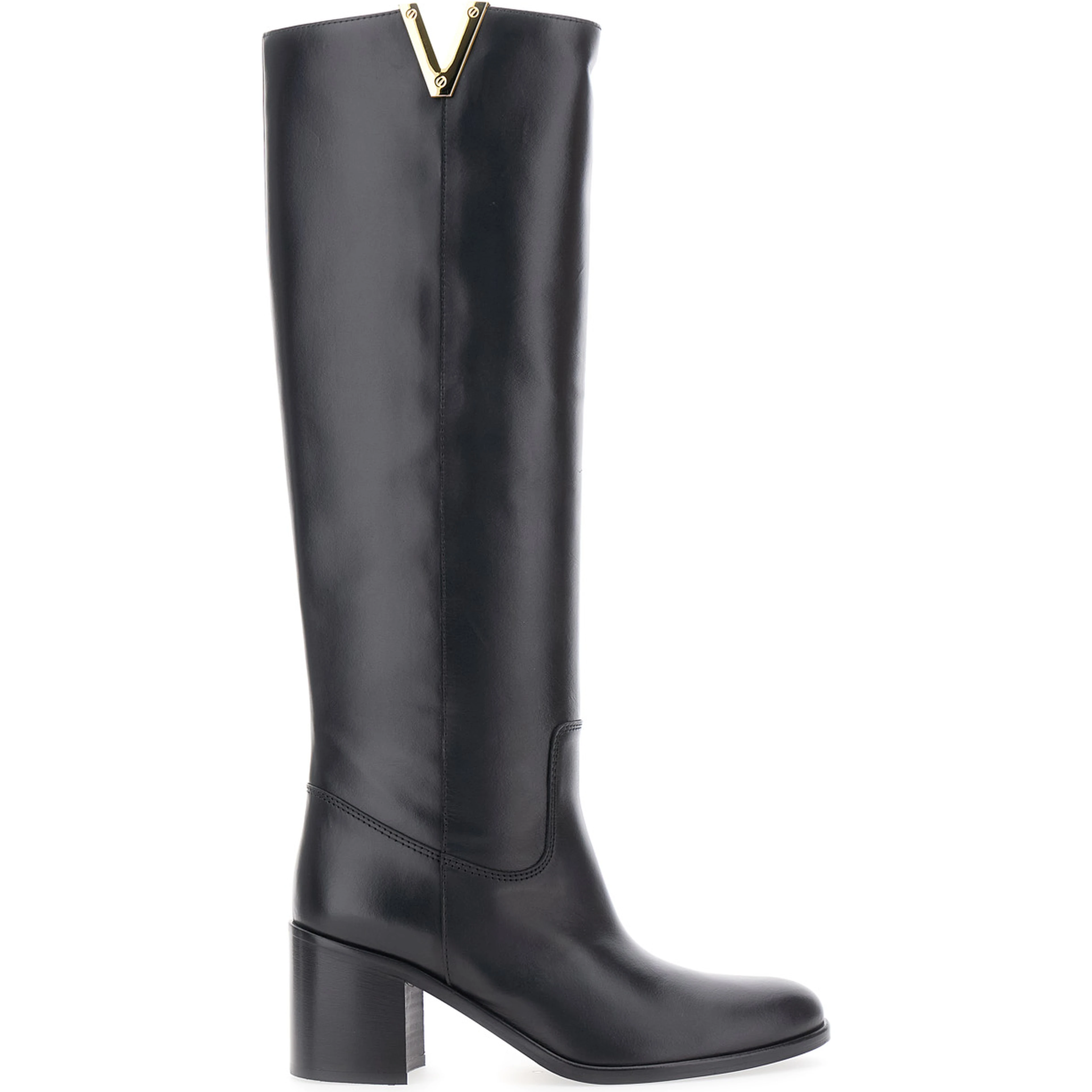 Black Knee-High Boots with Cut-Out on the Side and Logo Plaque in Leather Woman