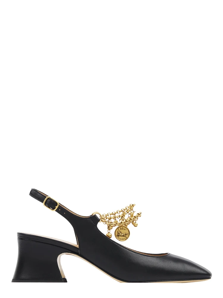 Black Pumps with Decorative Logo Charm and Wide Heel in Leather Woman