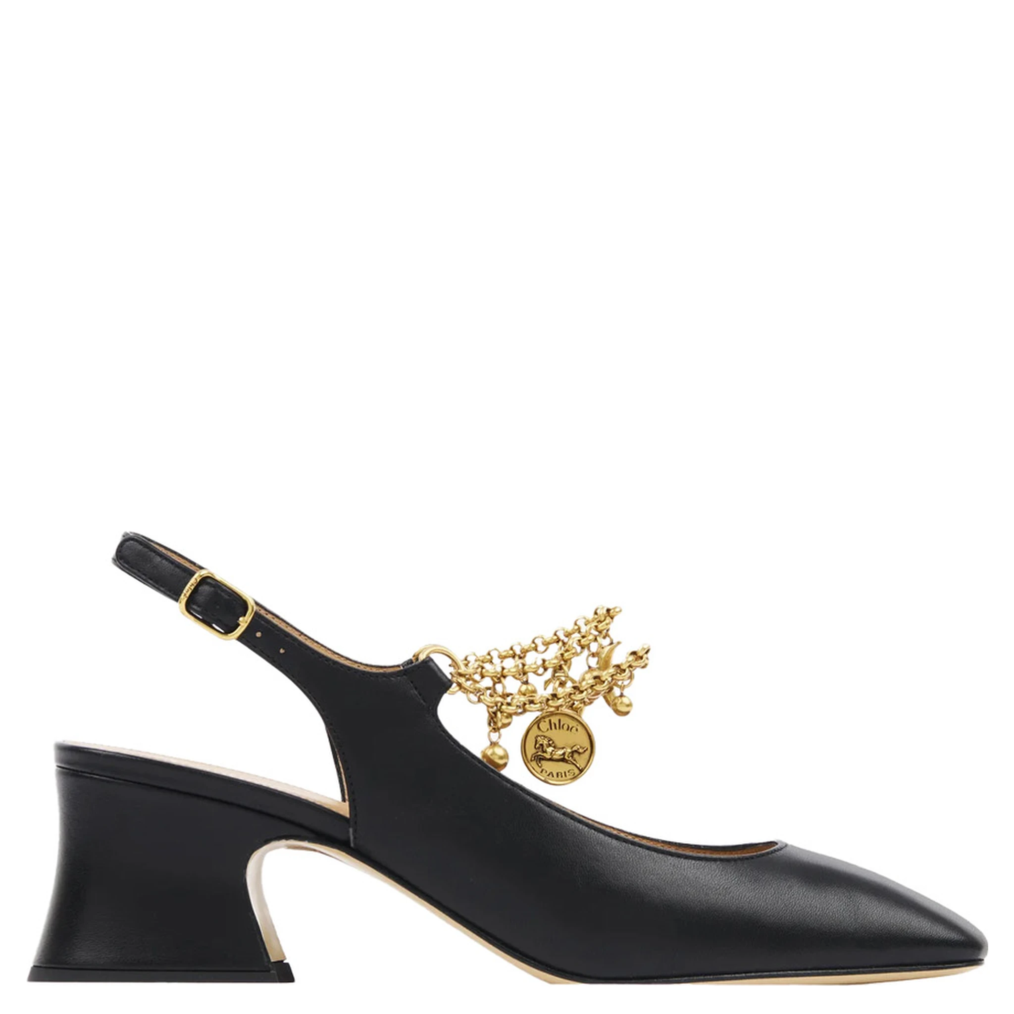 Black Pumps with Decorative Logo Charm and Wide Heel in Leather Woman