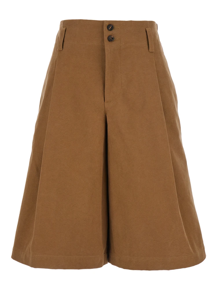Brown Bermuda Pants with Belt Loops and Wide Leg in Cotton Woman