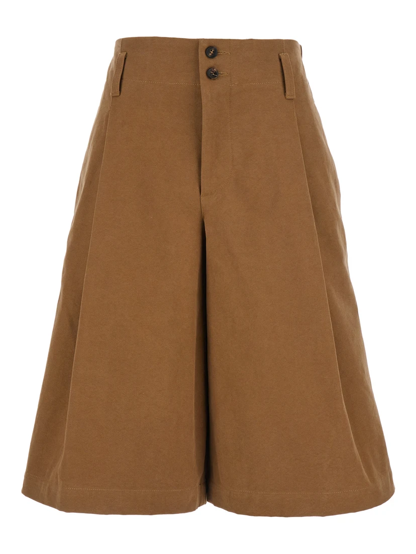 Brown Bermuda Pants with Belt Loops and Wide Leg in Cotton Woman
