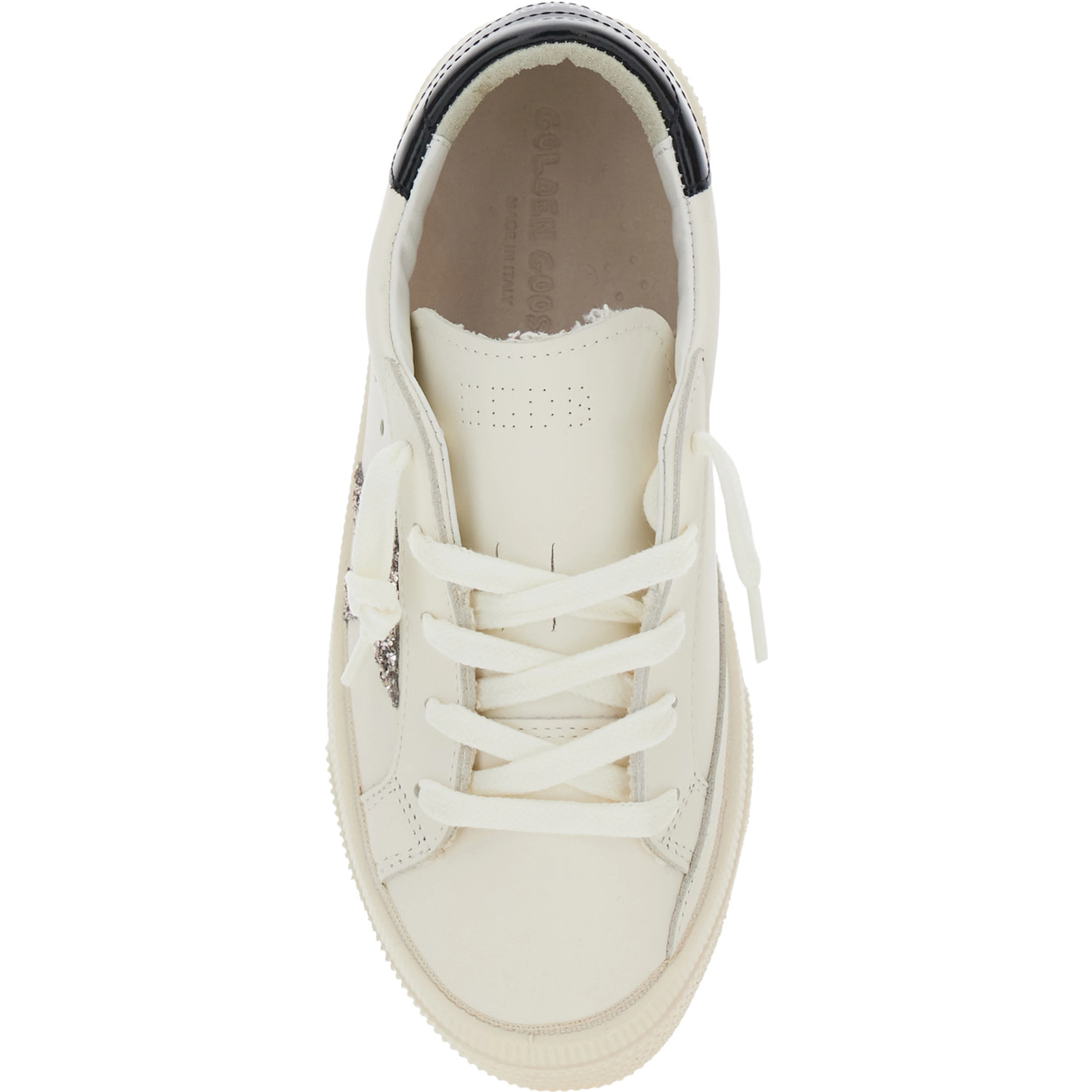 May White Low Top Sneakers with Glittered Star Patch and Contrasting Heel with Logo Lettering in Leather Girl