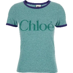 Green Crewneck T-Shirt with Logo Lettering Print on the Front in Cotton Woman