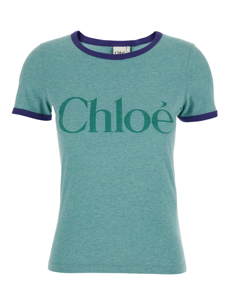 Green Crewneck T-Shirt with Logo Lettering Print on the Front in Cotton Woman