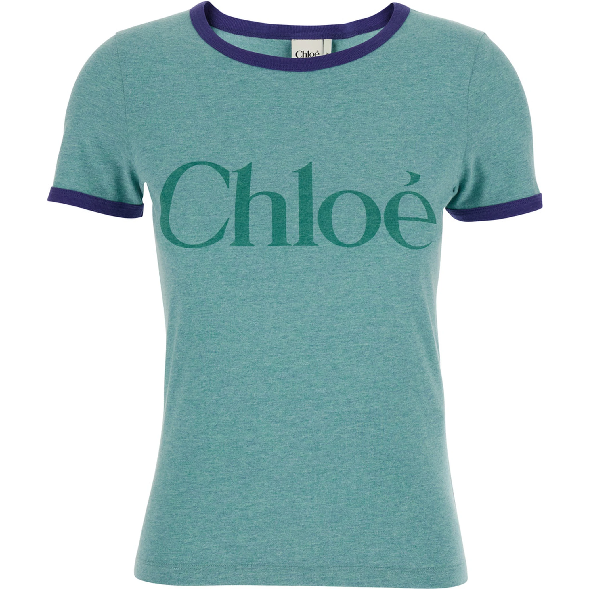 Green Crewneck T-Shirt with Logo Lettering Print on the Front in Cotton Woman