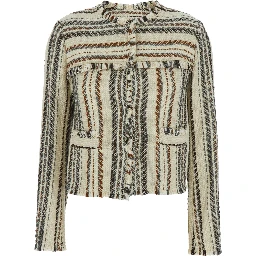 Izaria Beige Jacket with Fringed Round Neck and All-Over Striped Motif in Cotton and Wool Blend Woman