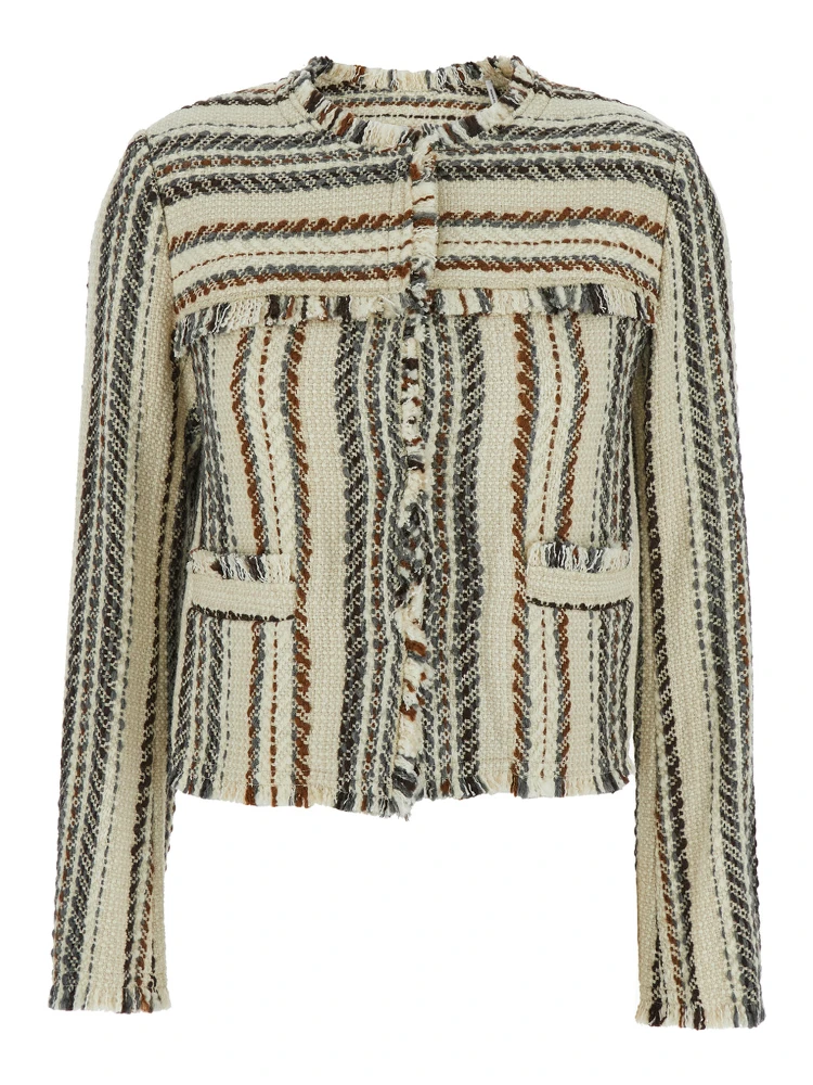 Izaria Beige Jacket with Fringed Round Neck and All-Over Striped Motif in Cotton and Wool Blend Woman