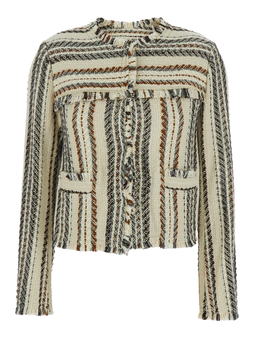 Izaria Beige Jacket with Fringed Round Neck and All-Over Striped Motif in Cotton and Wool Blend Woman