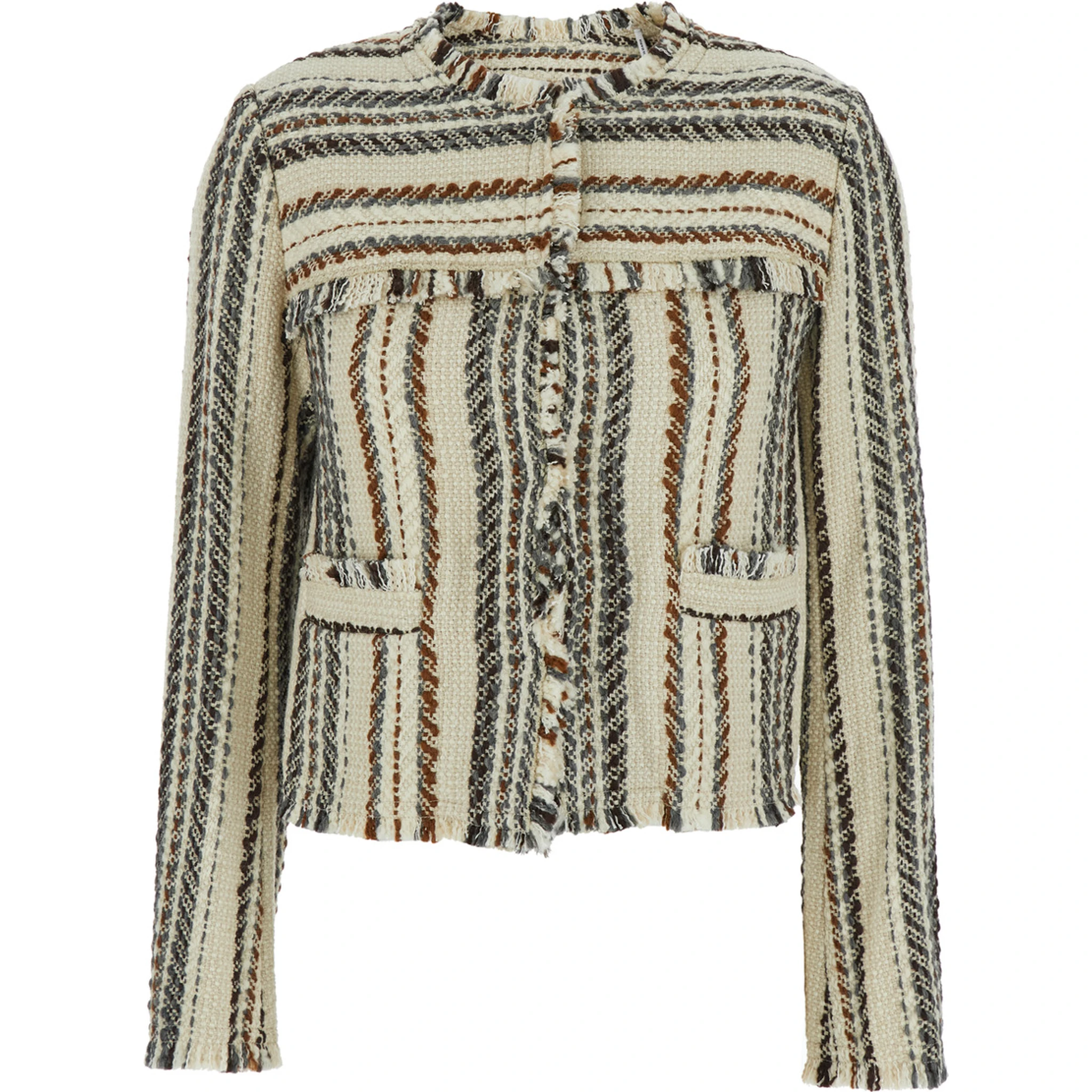 Izaria Beige Jacket with Fringed Round Neck and All-Over Striped Motif in Cotton and Wool Blend Woman